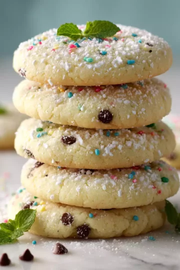 Crumbl Chilled Sugar Cookies topped with powdered sugar, soft and chewy cookie recipe, perfect for any occasion, delicious dessert treat.