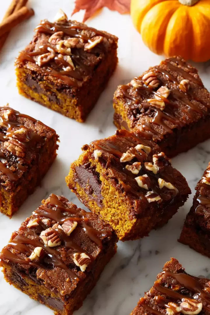 Pumpkin Spice Gooey Cake topped with pecans, perfect fall dessert with rich flavors and gooey texture.