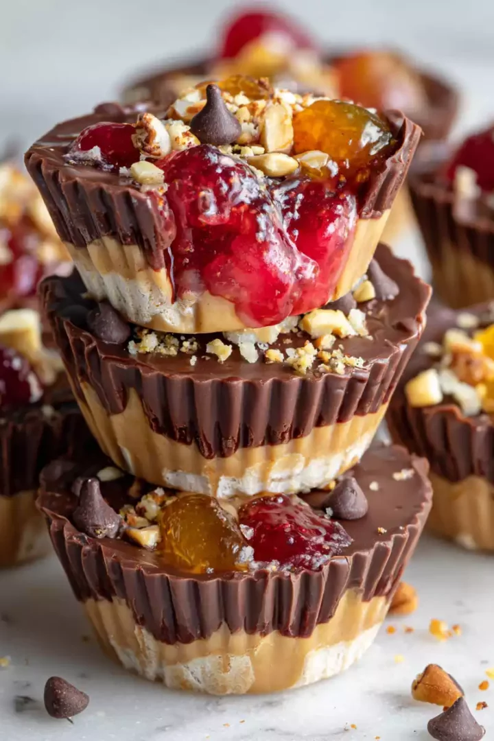 Peanut Butter and Jelly Chocolate Cups recipe featuring rich chocolate, creamy peanut butter, and fruity jelly, perfect for delightful snacking.