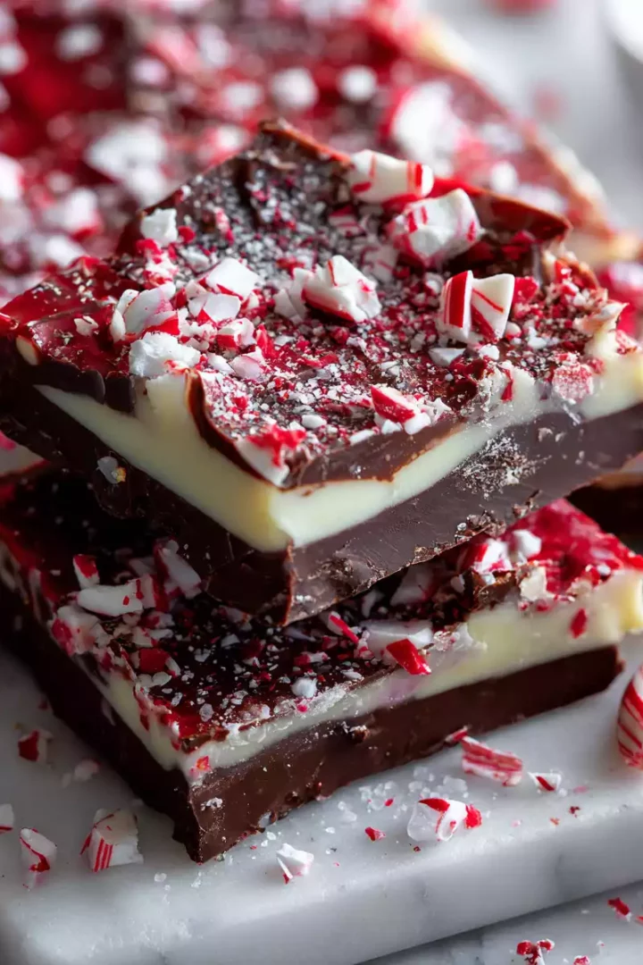 Delicious peppermint bark with rich chocolate and mint candy, perfect for festive gifting during the holidays.