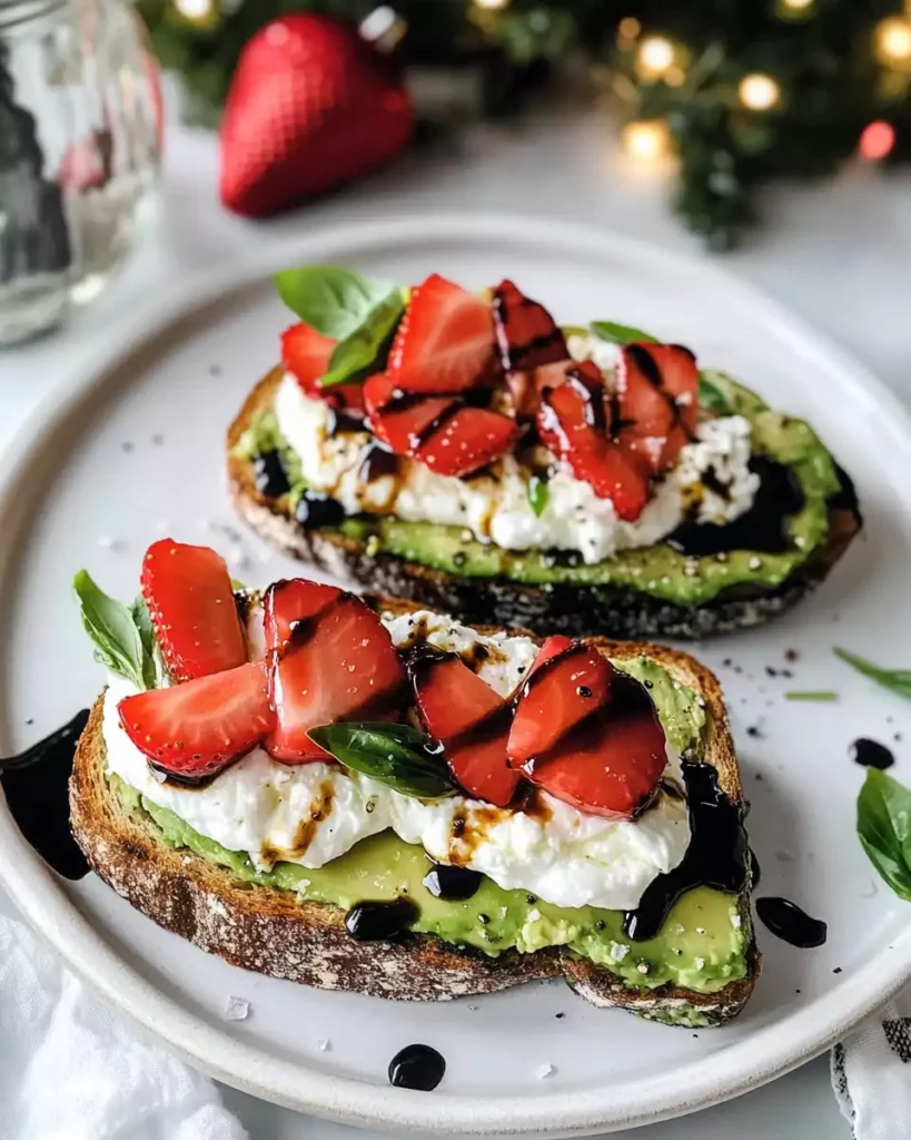  Ingredients for Strawberry Avocado Toast, including crusty bread, avocados, burrata cheese, fresh strawberries, basil, and balsamic glaze.