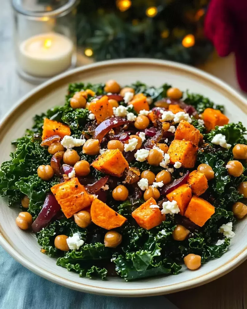 Sweet Potato Kale Salad (Roasted Pepper Dressing & Crispy Chickpeas!) 5 Ingredients for Sweet Potato Kale Salad, including kale, sweet potato, chickpeas, red bell pepper, onion, feta, and dressing components.