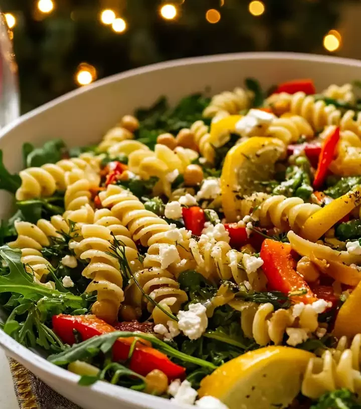 A large, colorful bowl of Summer Pasta Salad with fusilli, roasted peppers, asparagus, chickpeas, feta, and herbs.