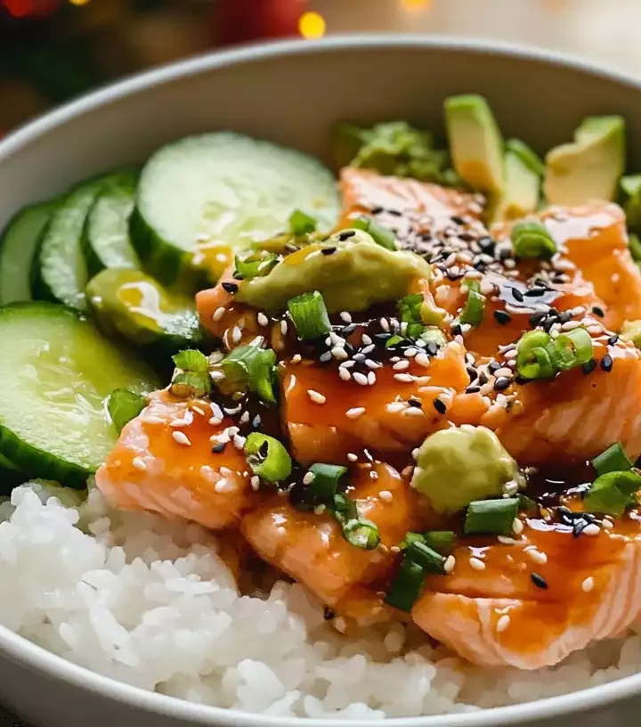 A vibrant Salmon Sushi Bowl showing broiled salmon, sushi rice, avocado, cucumber, nori, and sriracha mayo drizzle.